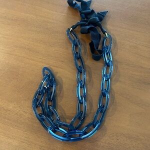 J. Crew Blue Acrylic Chain Necklace with Blue Ribbon Tie Closure